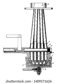 Vehicle Carbureter basically consists of an open pipe a throat or  barrel through which the air passes into the inlet manifold of the engine, vintage line drawing or engraving illustration.