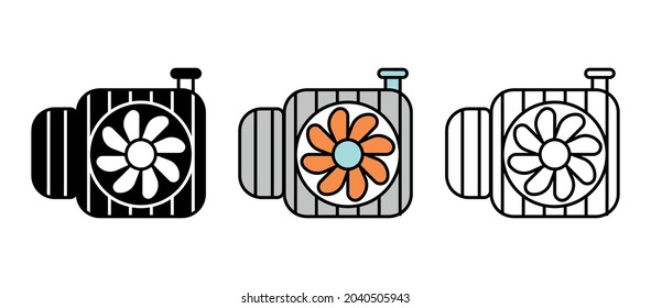 Vehicle carburetor engine cooling and fan icon set. Car parts line icons. Automobile production icon set. Silhouette, colorful and linear set.
