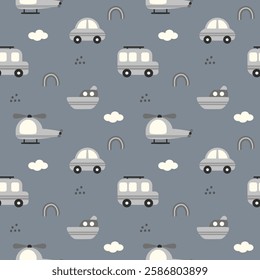 Vehicle cartoon so cute. On rainbow cloud gray background. Pattern seamless vector illustration. 