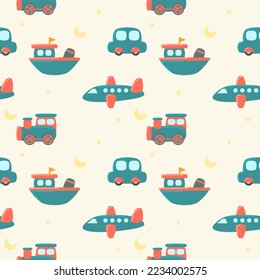 Vehicle cartoon so cute. Ships cars planes trains.on star moon yellow background.pattern seamless vector illustration. 
