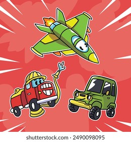 "vehicle cartoon" perfect for stickers, merchandise, mascots, clothing embroidery, and apparel designs. This pack offers high-quality, eye-catching characters, easy to use and scalable.