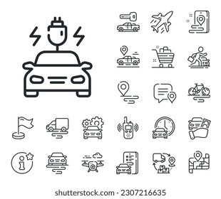 Vehicle charge plug sign. Plane, supply chain and place location outline icons. Car charging line icon. Electric power symbol. Car charging line sign. Taxi transport, rent a bike icon. Vector