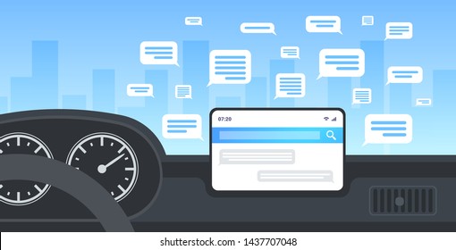 vehicle cockpit with smart driving assistance social network communication chatting messaging concept chat app on automobile computer board screen modern car interior flat horizontal