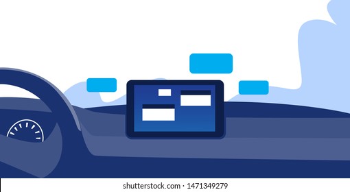 vehicle cockpit with smart driving assistance social network communication chatting messaging concept chat app on automobile computer board screen modern car interior horizontal sketch