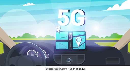 Vehicle Cockpit With Smart Driving Assistance 5G Online Communication Network Wireless Systems Connection Concept Gps Navigation System On Dashboard Screen Modern Car Interior Flat Horizontal Vector