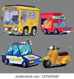 vehicle collection. Bus, truck, police car, scooter - vector illustration