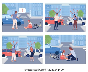 Conjunto de ilustración vectorial de color plano de colisión del vehículo. Choque y rabia post-accidente. Golpeando a un chico en bicicleta. Colección de personajes de dibujos animados sencillos en 2D totalmente editable con paisaje urbano en segundo plano