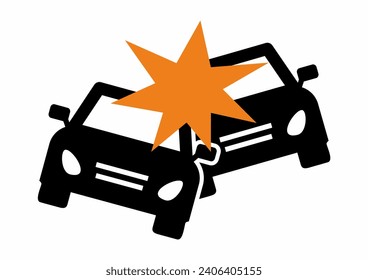 Fahrzeugkollision, zwei Autos, schwarzes Vektorsymbol, Symbol, orangefarbene Explosionsform