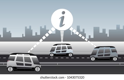 Vehicle to vehicle communication. Data exchange between self driving cars. Vector illustration