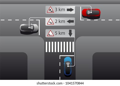 Vehicle to vehicle communication. Information exchange between cars. Vector illustration