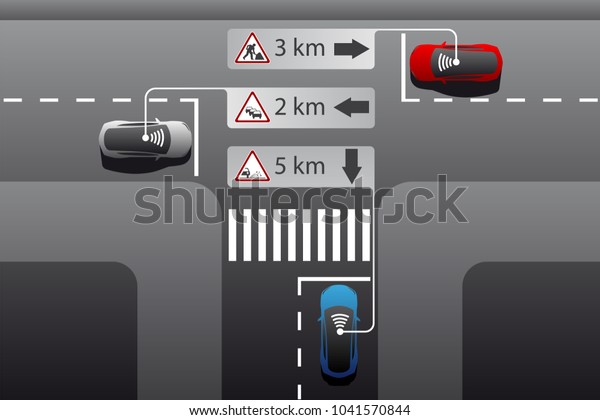Vehicle to vehicle communication.\
Information exchange between cars. Vector\
illustration