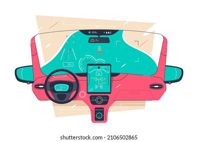 Vehicle computer board screen with smart driving assistance vector illustration. Car with dashboard, settings and driverless driving on road