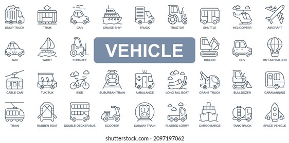 Vehicle concept simple line icons set. Pack outline pictograms of truck, tram, car, cruise, ship, tractor, helicopter, aircraft, forklift and other. Vector symbols for website and mobile app design