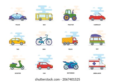 Iconos aislados de línea plana de concepto de vehículo. Diferentes paquetes de transporte. Colección de símbolos lineales gráficos para el diseño de sitios web. Pictogramas de esquema de paquete conceptual de vectores para aplicaciones móviles