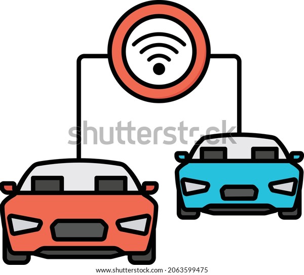 Vehicle to Vehicle connectivity Concept,\
Robo Car Vector Color Icon Design, Future transportation Symbol,\
Driverless Greener Transport innovations Sign, Autonomous aerial\
vehicles Stock\
Illustration