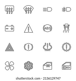 Vehicle control panel line icons set, car dashboard outline vector symbol collection, linear style pictogram pack. Signs logo illustration. Set includes icons as check engine light, battery, door lock