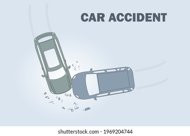 Vehicle crash. Car accident poster template. Damaged transport concept. City drive disaster. Two smashed vehicles. Top view road collision on gray background. Auto insurance. Stock vector illustration