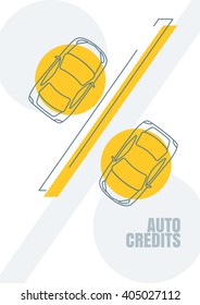 Vehicle credit, vector design concept for banner, business presentation, poster. Outline automobile and percent symbol. Abstract financial or marketing background. Car linear icon.