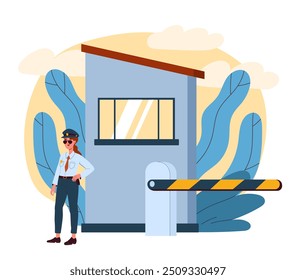 Vehicle crossing point. Man in uniform near barrier. Entrance to paying paking lots near business center or shopping mall. Urban infrastructure. Safety and security. Flat vector illustration