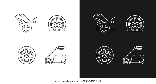 Bei Fahrzeugschäden bei Autounfällen werden lineare Symbole für den dunklen und hellen Modus verwendet. Mechanischer Ausfall. Reifenfehler. Anpassbare Thin-Line-Symbole. Einzige Vektorgrafik-Rahmenillustrationen. Bearbeitbarer Hub