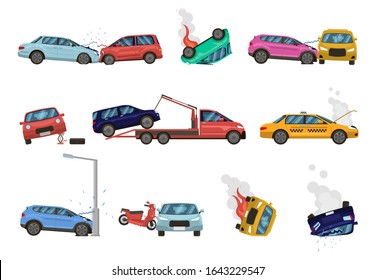 Daño del vehículo. Accidente de transporte y daño peligroso, vehículos rotos, fracturados, diferentes situaciones desagradables en la ilustración de los vectores de la ciudad. asistencia para camiones dañados, iconos de seguros