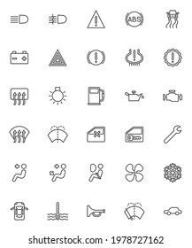 Vehicle Dashboard Line Icons Set. Linear Style Symbols Collection, Outline Signs Pack. Dashboard Indicator Vector Graphics. Set Includes Icons As Car Door Open, Auto Engine Check, Windshield Defogger