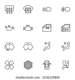 Vehicle dashboard symbols line icons set, outline vector symbol collection, linear style pictogram pack. Signs, logo illustration. Set includes icons as seat belt, airbag, engine warning, fog light
