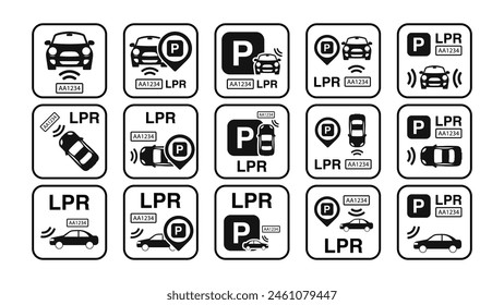 Vehicle Detection, ANPR, ALPR and LPR Car Parking Icon Set: Car Parking Icon, Parking and Traffic Signs Isolated on a White Background, Map Parking Pointer. Vector Illustration.