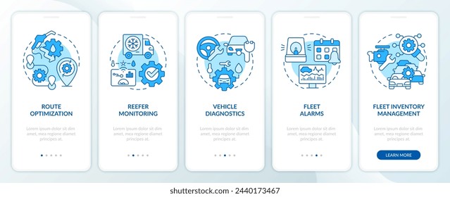 Sistema de diagnóstico del vehículo pantalla azul de la aplicación móvil de incorporación. Tutorial 5 pasos: instrucciones gráficas editables con conceptos lineales. UI, UX, plantilla GUI. Myriad Pro-Bold, Fuentes regulares utilizadas