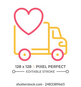 Vehicle donation two color line icon. Truck with heart bicolor outline symbol. Social good. Transportation aid. Helping others. Duotone linear pictogram. Isolated illustration. Editable stroke