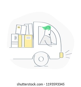 Vehicle driver, courier on the way. Transportation of packages, delivery truck with a pile of cardboard boxes. Express delivery service, movers, cargo vector illustration concept on white.