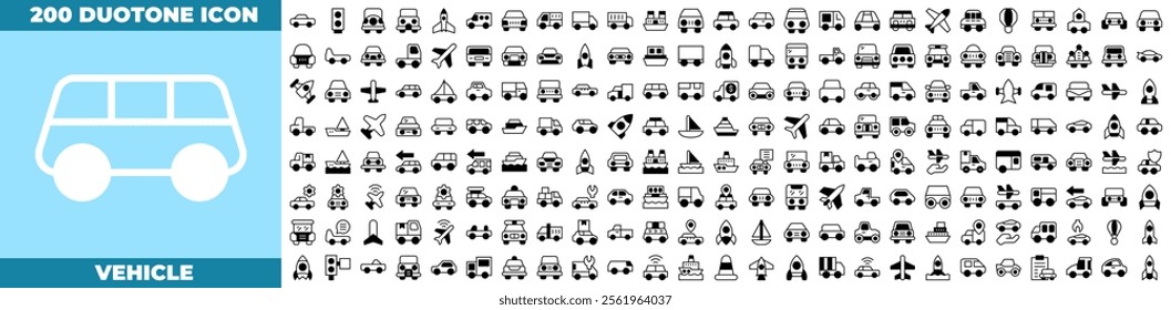 Vehicle Duotone Editable Icons set. Vector illustration in modern thin duotone style of vehicle icons: car, bike, plane, train, bicycle, motorbike, bus and scooter, etc