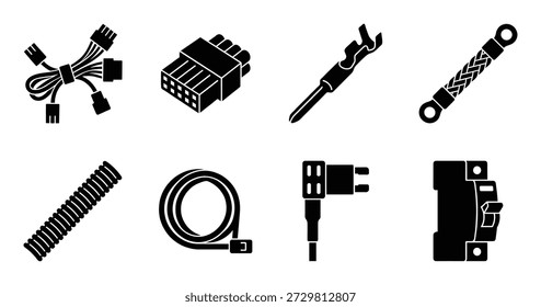 Vehicle electrical system components vector icons. Auto wiring and protection parts. Includes harness, fuse, breaker, connectors.