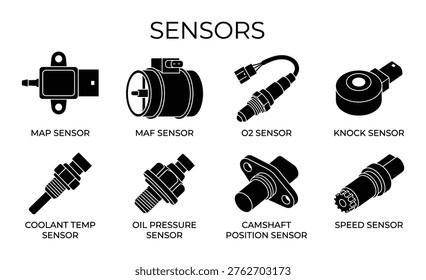 Vehicle electronic sensor icons set including map maf o2 knock coolant temp oil pressure camshaft and speed sensors