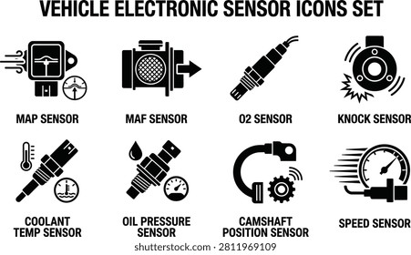 Vehicle Electronic Sensor Icons Set – MAP, MAF, O2, Knock, Coolant, Oil Pressure, Camshaft, Speed Sensors – Automotive Diagnostics Vector Illustration