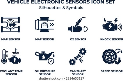 Vehicle Electronic Sensors Icon Set – Automotive MAP, MAF, O2, Knock, Coolant, Oil Pressure, Camshaft, and Speed Sensor Symbols in Flat Vector Design