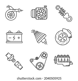 Vehicle engine cooling fan, engine belt, battery, belt, brake pad, air filter, car turbo and suspension, icon set. Car parts line icons. Automobile production icon set. Linear set.