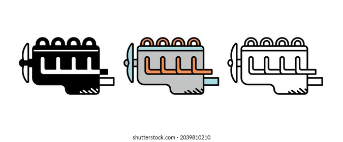 Vehicle engine icon set. Car parts line icons. Automobile production icon set. Silhouette, colorful and linear set.