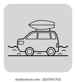 Vehicle equipped with canoe on its roof parked near body of water. Sun shining brightly, reflecting off waters surface, suggesting perfect day for adventure