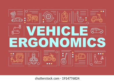Vehicle ergonomics word concepts banner. Different convinient auto technologies. Infographics with linear icons on red background. Isolated typography. Vector outline RGB color illustration