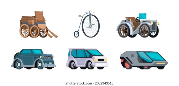 Vehicle Evolution. Retro Old Style And Modern Automobiles Motor Cars With Wheels Development Timeline Transports Technology Garish Vector Illustrations In Flat Style