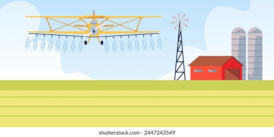 A vehicle for field agricultural work. A plane sprays fertilizer on a field against the background of a farm, barn and wind turbine. Ideal for design with modern agricultural technology.