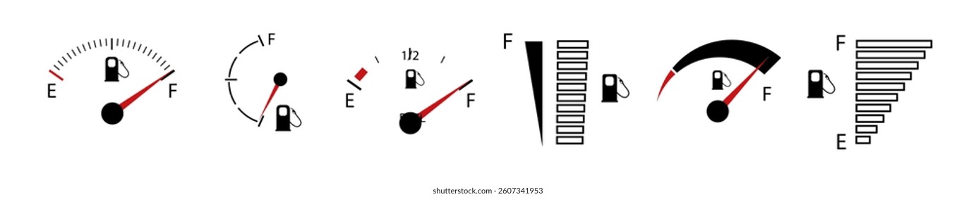 Vehicle fuel. Simple digital indicator of vehicle fuel. Full and empty icons of gas and fuel meters, fuel pump. Vector
