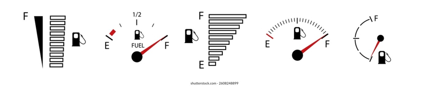 Vehicle fuel. Simple digital indicator of vehicle fuel. Full and empty icons of gas and fuel meters, fuel pump. Vector