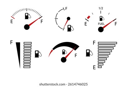 Vehicle fuel. Simple digital indicator of vehicle fuel. Full and empty icons of gas and fuel meters, fuel pump. Vector