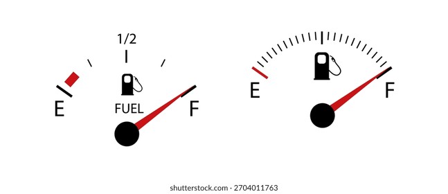 Combustible del vehículo. Sencillo indicador digital del combustible del vehículo. Iconos llenos y vacíos de medidores de gas y combustible de la bomba de combustible. Vector