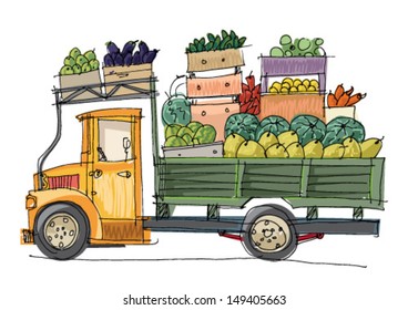 vehicle full of fruits and vegetables - cartoon