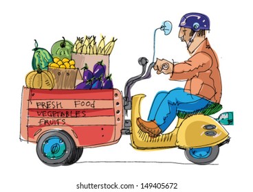 vehicle full of fruits and vegetables - cartoon
