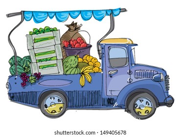 vehicle full of fruits and vegetables - cartoon