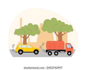 Vehicle fumes produced by cars make the air unhealthy, pollution vector illustration.